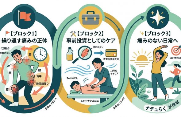 上田市 もみほぐし ナチュらく 繰り返す「膝・肩・腰・背中・股関節周り」などの痛み　メンテナンスの有用性