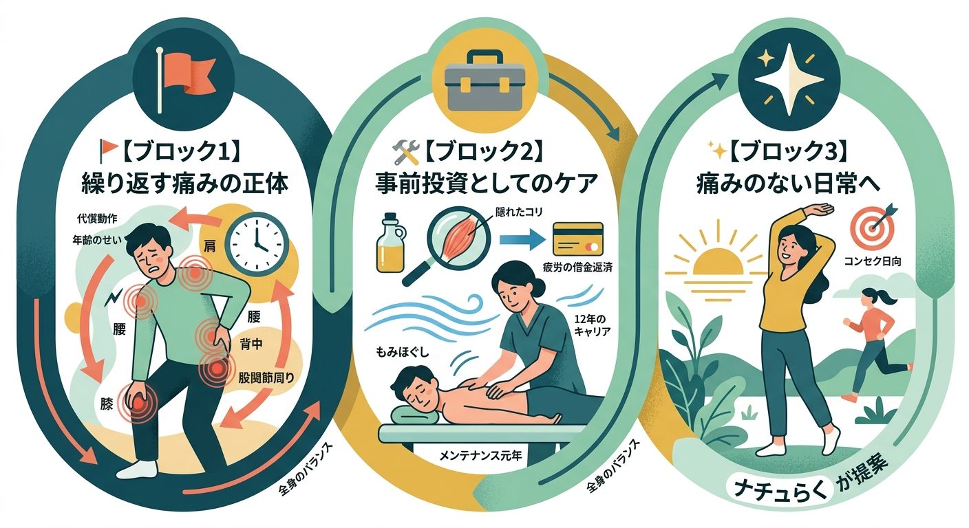 上田市 もみほぐし ナチュらく 繰り返す「膝・肩・腰・背中・股関節周り」などの痛み　メンテナンスの有用性