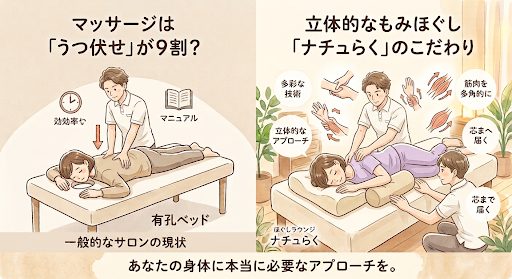 一般的なうつ伏せマッサージと、ほぐしラウンジ ナチュらくの立体的なもみほぐしの比較イラスト。施術を担当するセラピストはすべて男性。左はマニュアル的なうつ伏せ施術、右は多彩な技術で多角的にアプローチする施術。