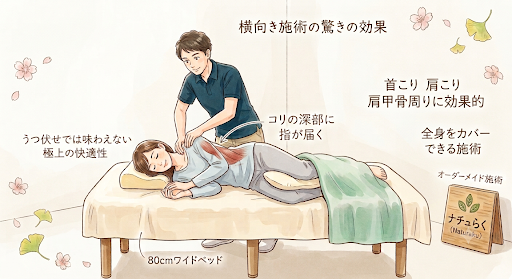 上田市のほぐしラウンジ ナチュらくで行われている、6脚の80cmワイドベッドを使用した頑固な首こり・肩こり・肩甲骨周りに効果的な横向き施術（側臥位マッサージ）のイメージイラスト。
