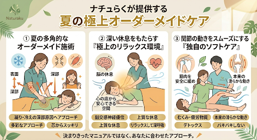 ほぐしラウンジ ナチュらくの夏の極上オーダーメイドケア。①多角的なオーダーメイド施術：凝りや冷えの深部原因へ多彩なアプローチ。②極上のリラックス環境：副交感神経優位で脳と体に上質な休息。③独自のソフトケア：関節を優しく動かし、バキバキしない整体でむくみ・疲労物質をデトックス。