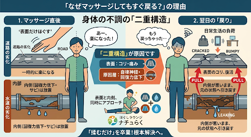 "マッサージ後にすぐ肩こりや腰痛が戻る原因を解説したインフォグラフィック。表面（道路のひび割れ：筋肉のコリ）だけをほぐしても、内側（水道の詰まり：自律神経や回復力の低下）が放置されているため、翌日には元の不調状態に引き戻される「二重構造」の仕組みを示すイラスト。"