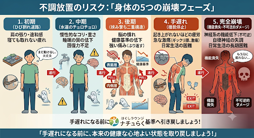 brain-adaptation-health-standard-decline.png 日本語訳: 脳の適応・健康基準の低下 📝 各種メタデータ（修正版） 1. 代替テキスト（alt属性） alt="慢性的な不調（肩こり、疲労）に脳が慣れてしまい健康の基準が低下していく現象を解説したインフォグラフィック。「ひび割れた道路」や「水圧の弱い水道」が標準だと思い込んでいる状態から、ナチュらくのケアで本来の健康で体が軽い状態へ引き戻す必要性を示すイラスト。"