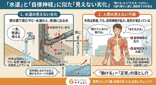 "水道管の目に見えない劣化と人間の自律神経・疲労回復力の低下を比較したインフォグラフィック。「寝ても疲れが取れない理由」をテーマに、外見は普通でも内部で進行するサビや詰まり（深層筋肉の強張りや体液循環の滞り）を解説するイラスト。"