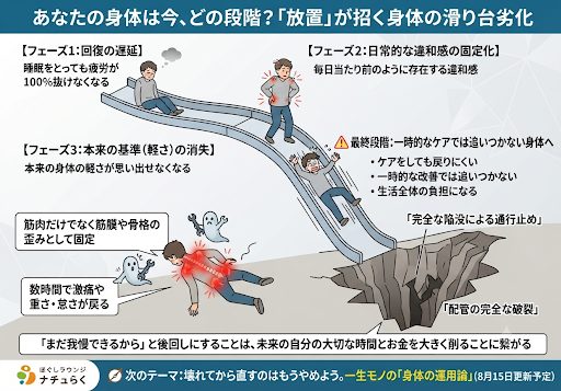 「身体の不調を放置し、滑り台を段階的に転げ落ちていく様子を描いたインフォグラフィック。最初は緩やかだった坂がフェーズが進むにつれて急勾配になり、最終段階ではキャラクターが深い穴（陥没した道路や破裂した配管）に倒れ込み、全身に激痛を表す赤いエフェクトがかかっている。」