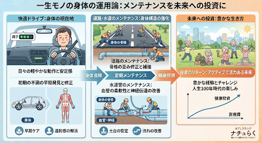 「『壊れてから直す修理』から『壊れない状態で使い続ける運用』への転換をテーマにしたイラスト。車が快適にドライブしている様子や、道路や水道のメンテナンス、健康を未来への投資として豊かに生きる姿が描かれている。」