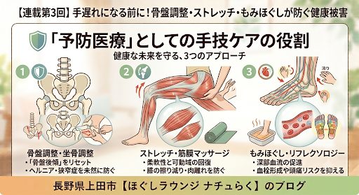 骨盤調整・ストレッチ・もみほぐしが予防医療として身体を整える仕組みを描いた図解イラスト
